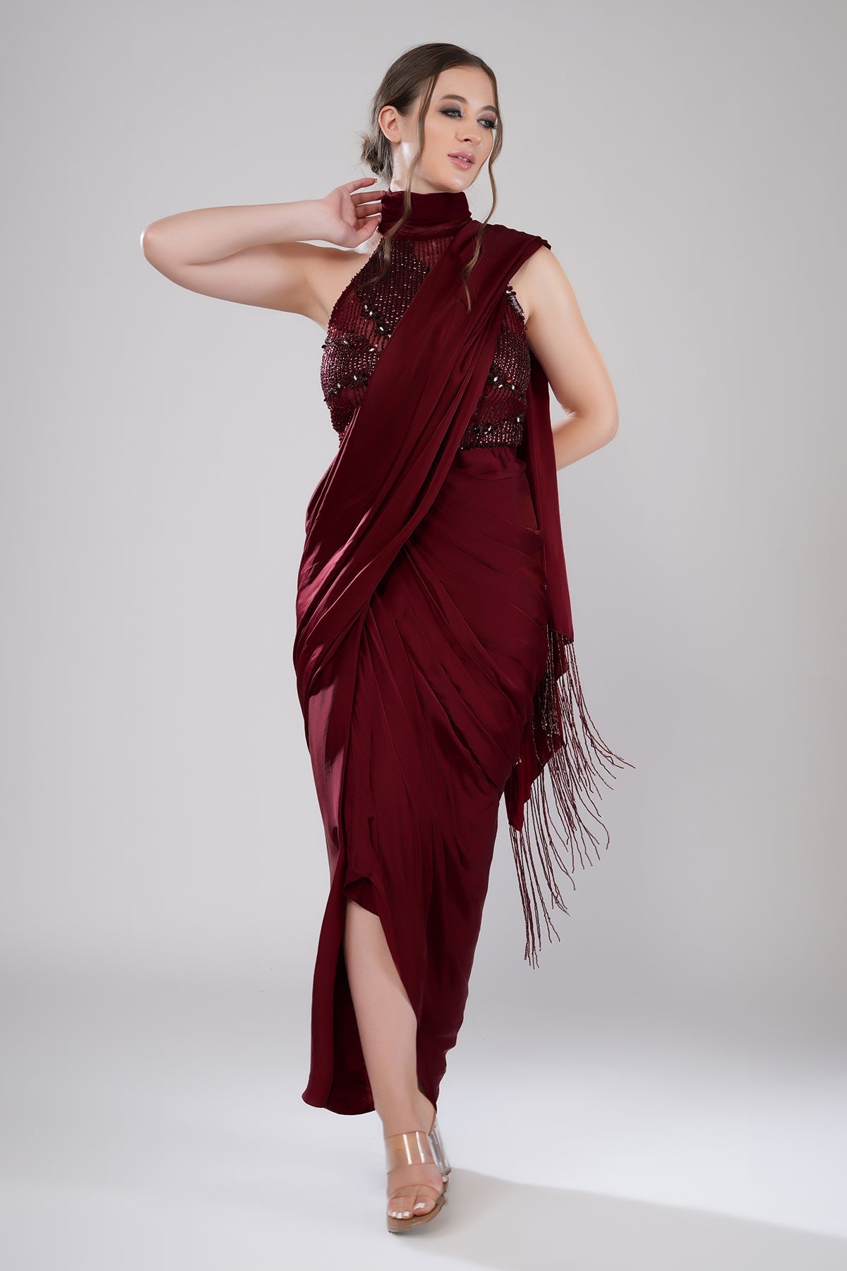 Buy Red Beads Embellished Drape Gown by Smita Shrinivas for women online at ScrollnShops